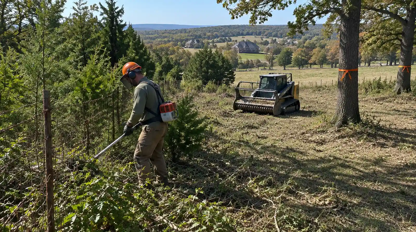Clearing overgrown cedar and brush from an old fence row in Bentonville, AR