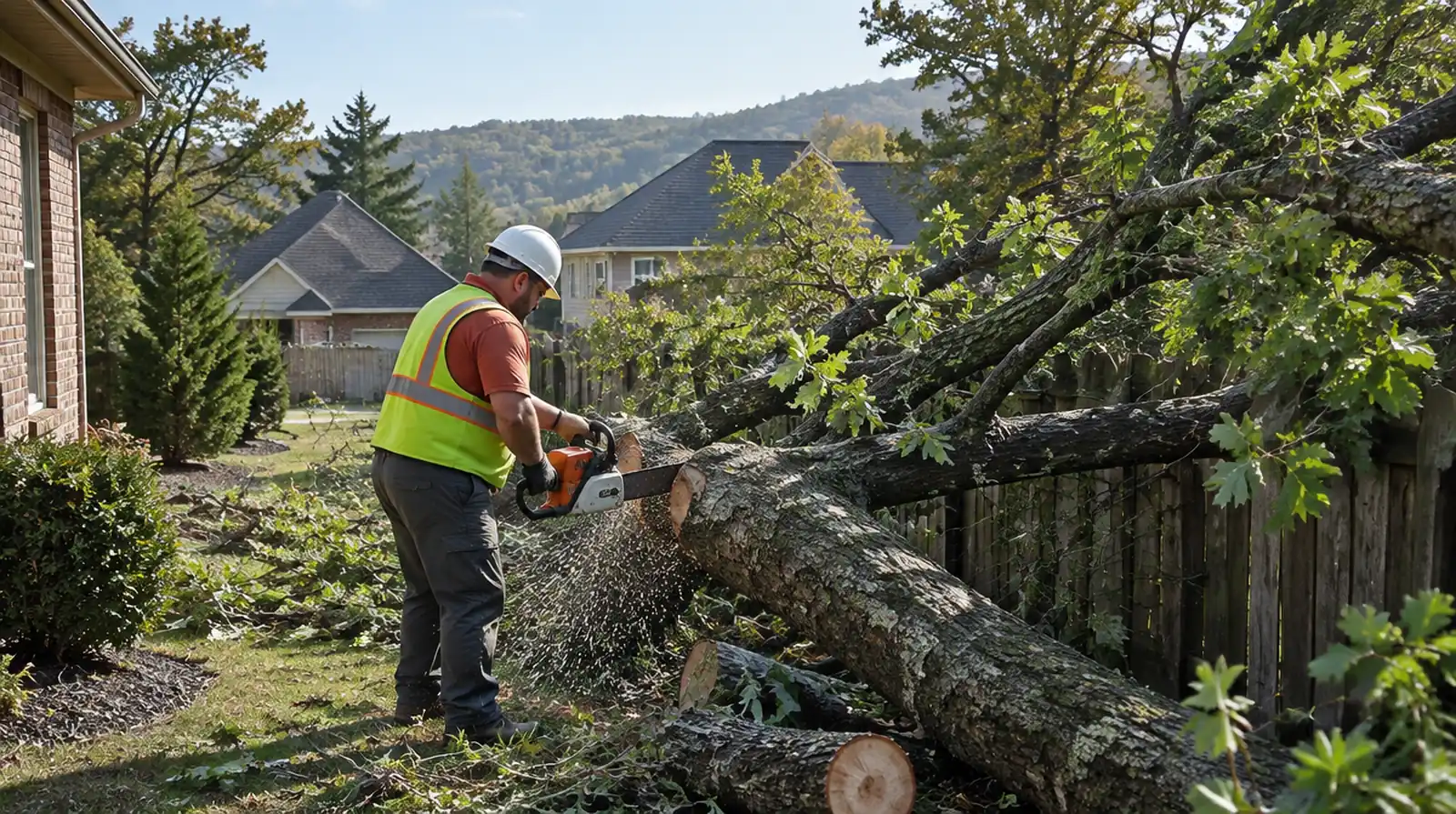 Crew clearing a storm-fallen tree in Bentonville, AR