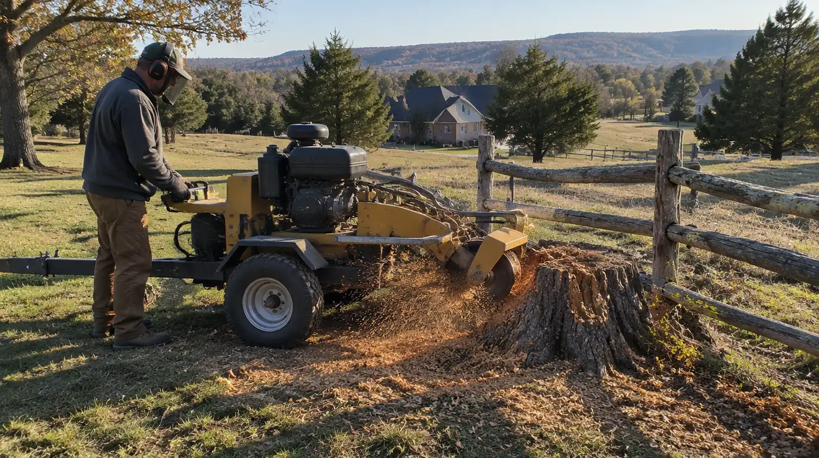 Grinding an old Osage orange stump in a Bentonville, AR yard
