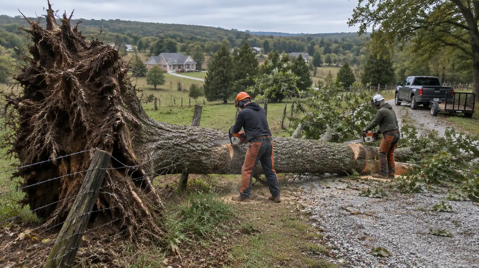 Crew cutting a storm-toppled post oak off a pasture fence near Bentonville, AR