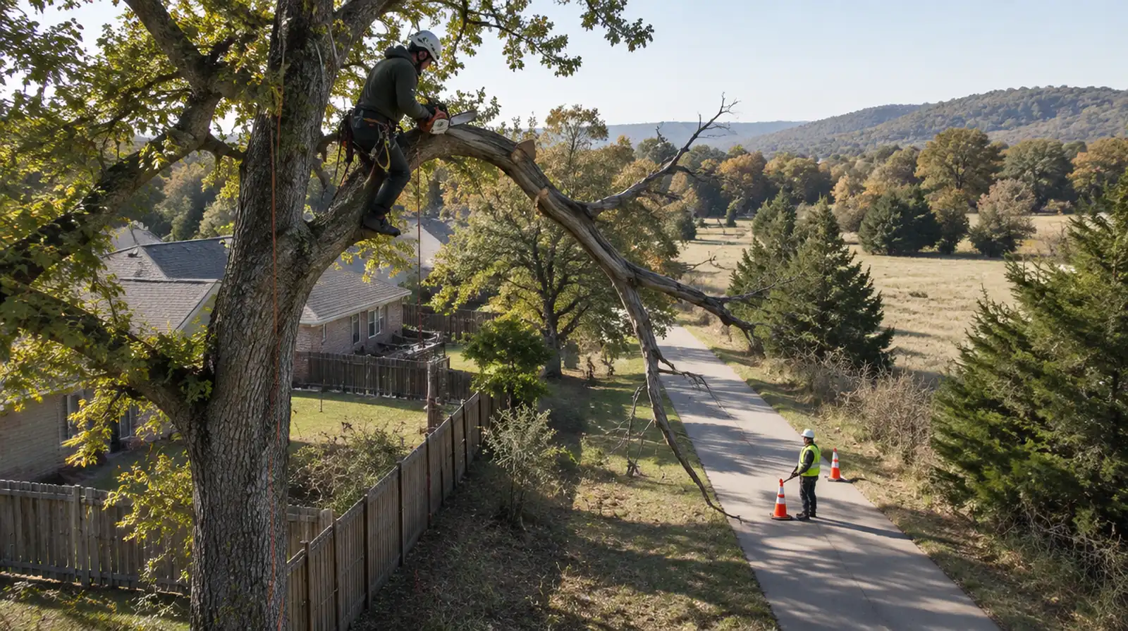 Arborist pruning deadwood over a paved neighborhood trail in Bentonville, AR