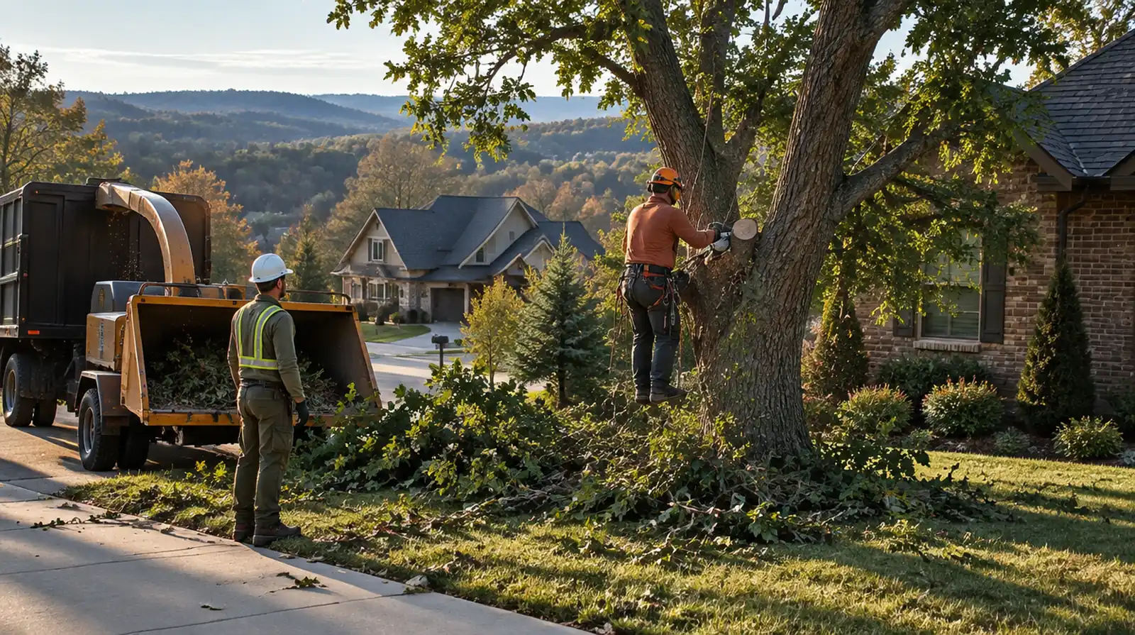 Tree service crew trimming a tree beside a home in Bentonville, AR