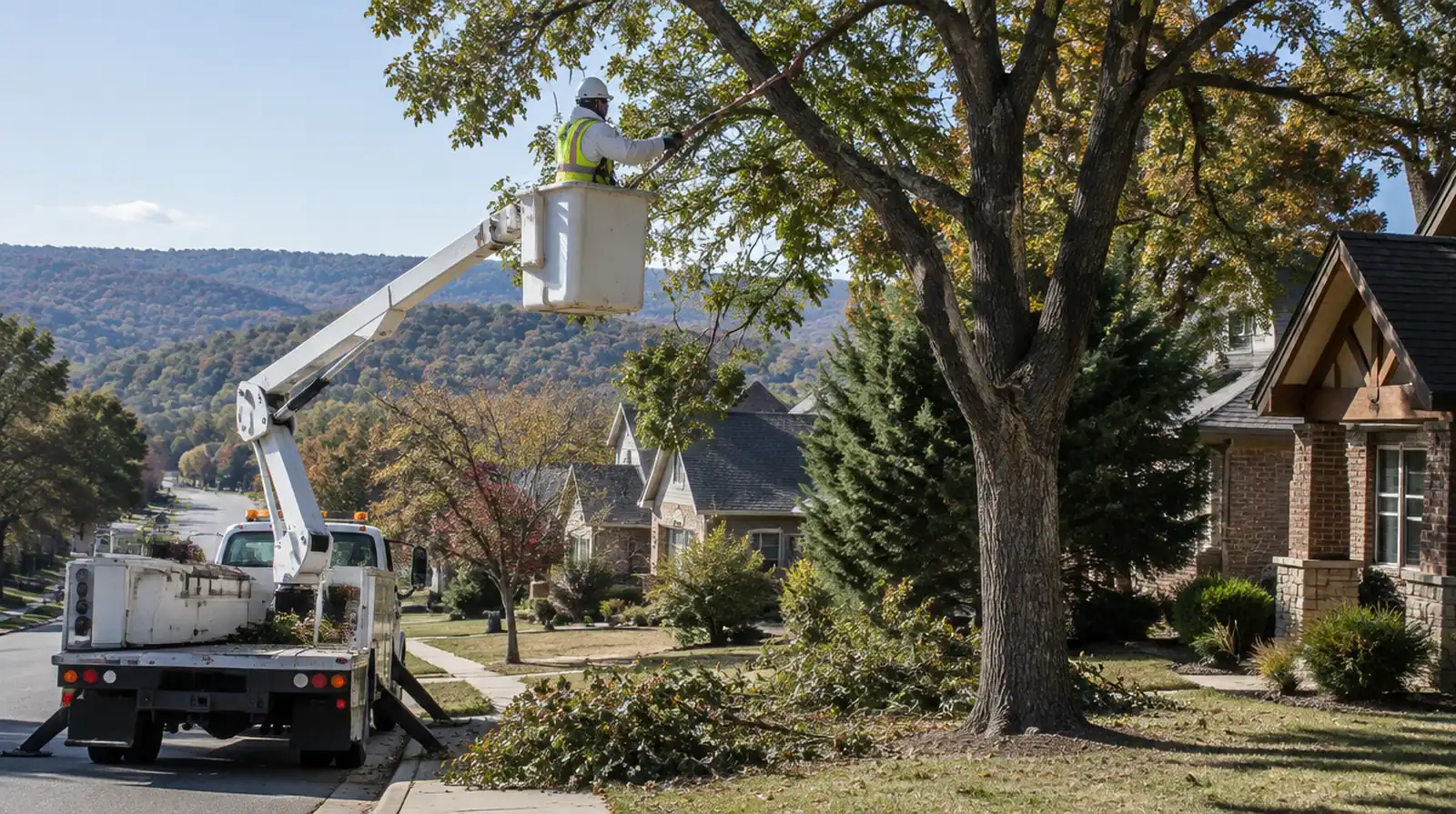 Arborist trimming tree branches from a bucket lift in Bentonville, AR